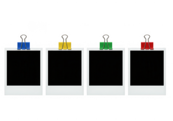 Four instant photo frames with binder clips isolated on transparent background