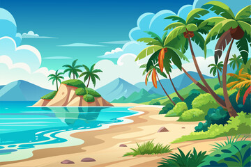 Obraz premium This scenic coastal landscape features a tranquil shoreline surrounded by greenery and distant mountains, perfect for vacation, travel, and summer-themed designs. Ideal for web, print, or social media