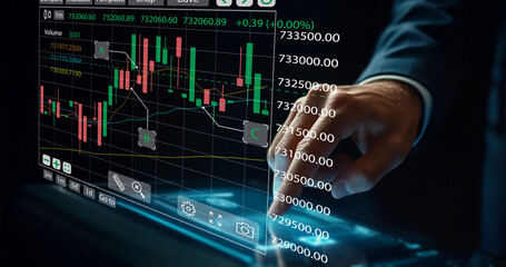Modern Financial Technology Concept with Hand Touching Digital Stock Market Data Display and Graphs in Dark Environment