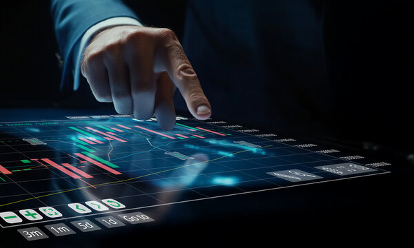 Business Professional Analyzing Financial Data on a Touchscreen Display in a Dark Environment with Colorful Graphs and Charts