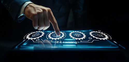 Hand Touching Digital Tablet Displaying E-Learning Icons and Gears with Dark Background, Symbolizing Education Technology and Online Learning Innovations