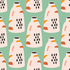 Vector seamless pattern of ceramic vase with abstract design. Cartoon illustration isolated on a blue background.