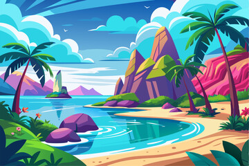 This scenic coastal landscape features a tranquil shoreline surrounded by greenery and distant mountains, perfect for vacation, travel, and summer-themed designs. Ideal for web, print, or social media