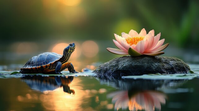 Painted Turtle and Pink Lotus Flower on Rock in Pond