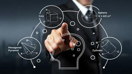 Businessman Presenting 3D Shapes and Mathematical Formulas in Digital Interface for Science, Education, and Technology Innovation Concepts