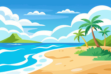 This scenic coastal landscape features a tranquil shoreline surrounded by greenery and distant mountains, perfect for vacation, travel, and summer-themed designs. Ideal for web, print, or social media