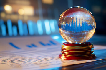 Crystal ball showing futuristic city skyline reflection, financial data chart background, concept of economic forecasting, business trends prediction, digital growth analytics, urban investment vision