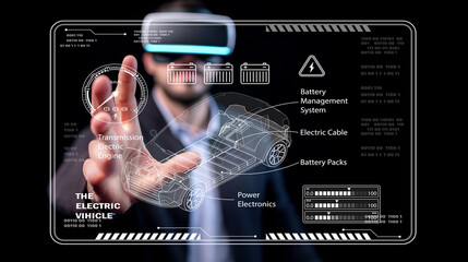 Businessman in Virtual Reality Exploring Electric Vehicle Technology with Augmented Interface Displaying Data and Components for Innovative Transport Solutions