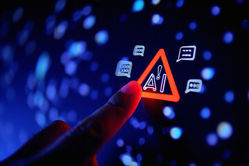 A finger touching a glowing ai warning sign surrounded by chat bubbles on a dark blue background