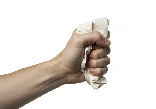 Hand crushing paper isolated on transparent background