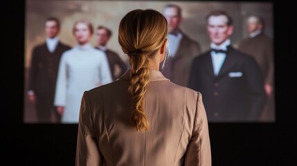 Holographic educational display projecting historical figures giving lectures, immersive learning, engaging education.