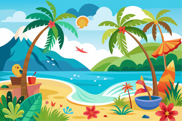 This scenic coastal landscape features a tranquil shoreline surrounded by greenery and distant mountains, perfect for vacation, travel, and summer-themed designs. Ideal for web, print, or social media