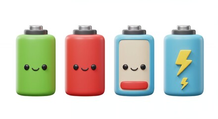 Cute cartoon battery icons showing different charge levels