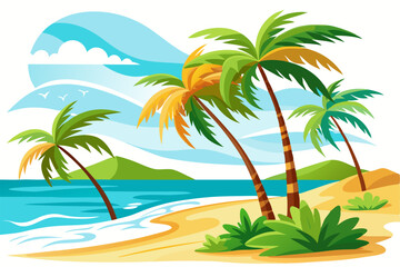 This scenic coastal landscape features a tranquil shoreline surrounded by greenery and distant mountains, perfect for vacation, travel, and summer-themed designs. Ideal for web, print, or social media
