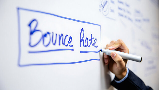 A person drawing a blue box around the words bounce rate on a whiteboard with a marker in their hand