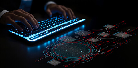 Hands typing on a futuristic glowing keyboard above a holographic interface displaying intricate data visualizations and network connections in a dark setting