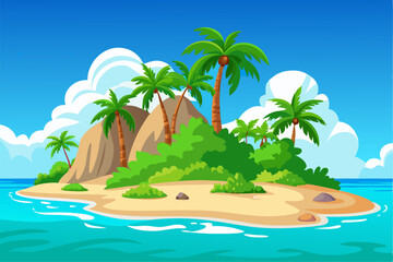 This scenic coastal landscape features a tranquil shoreline surrounded by greenery and distant mountains, perfect for vacation, travel, and summer-themed designs. Ideal for web, print, or social media