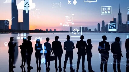 Diverse business team collaborates on global strategy with digital data overlays in a modern city skyline - Powered by Adobe