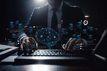 Businessman Working with Digital Brain Interface and Data Visualization on Laptop in Dark Room with Blue Neon Lights and Futuristic Technology Elements