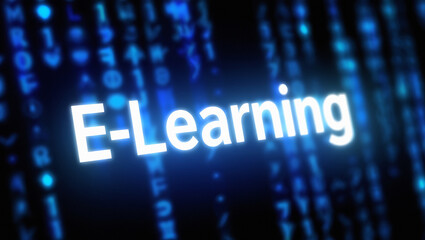 E learning text in white with blue digital matrix background for online education and technology concept