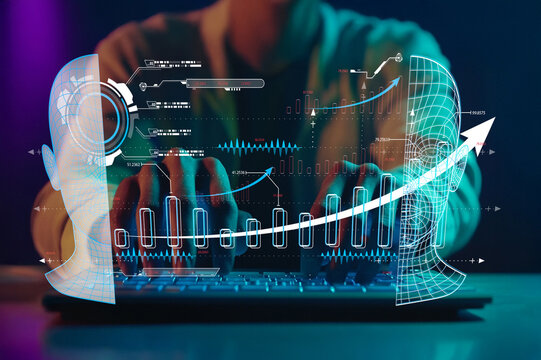 Futuristic Data Analysis Concept with Hands on Keyboard and Virtual Head Displaying Statistical Charts and Graphs against a Dark Background