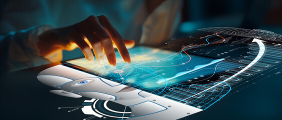 Futuristic Hand Interacting with Digital Interface, Demonstrating Technology and Innovation in Human-Machine Collaboration