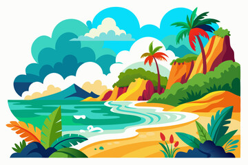 This scenic coastal landscape features a tranquil shoreline surrounded by greenery and distant mountains, perfect for vacation, travel, and summer-themed designs. Ideal for web, print, or social media