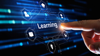 A finger touches a digital learning interface with icons on a dark blue technological background