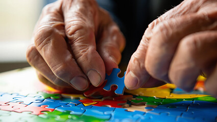 Close up of wrinkled hands fitting a blue puzzle piece into a colorful jigsaw puzzle game