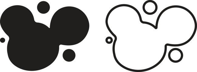 Blob shape flat and outline icon set, abstract organic black ink splatter or liquid drop silhouette symbols, irregular fluid form for modern art, ui design elements isolated on transparent background.