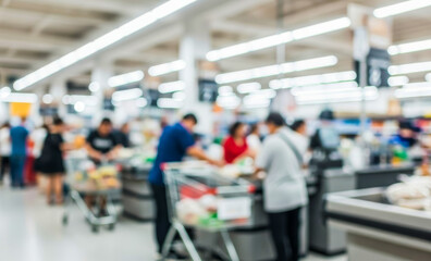 Fototapeta premium Blurred supermarket checkout area with customers and shopping carts in a bright setting.Premium supermarket atmosphere photos for poster, banner and pamphlet backgrounds