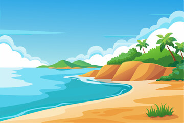 This scenic coastal landscape features a tranquil shoreline surrounded by greenery and distant mountains, perfect for vacation, travel, and summer-themed designs. Ideal for web, print, or social media