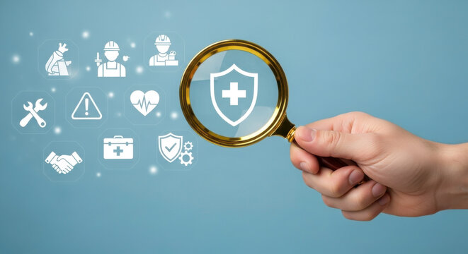Analyzing health safety insurance risk management protection with magnifier for occupational wellness care - Powered by Adobe