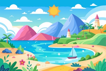Fototapeta premium This scenic coastal landscape features a tranquil shoreline surrounded by greenery and distant mountains, perfect for vacation, travel, and summer-themed designs. Ideal for web, print, or social media