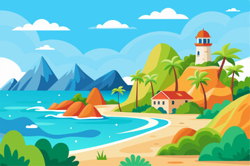 This scenic coastal landscape features a tranquil shoreline surrounded by greenery and distant mountains, perfect for vacation, travel, and summer-themed designs. Ideal for web, print, or social media