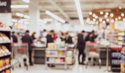 Fototapeta premium Blurred supermarket interior with customers at checkout counters and shelves visible.Premium supermarket atmosphere photos for poster, banner and pamphlet backgrounds