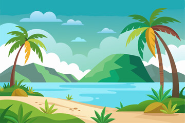 This scenic coastal landscape features a tranquil shoreline surrounded by greenery and distant mountains, perfect for vacation, travel, and summer-themed designs. Ideal for web, print, or social media