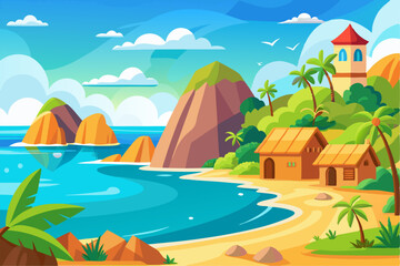 Obraz premium This scenic coastal landscape features a tranquil shoreline surrounded by greenery and distant mountains, perfect for vacation, travel, and summer-themed designs. Ideal for web, print, or social media
