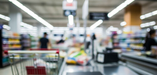 Blurred supermarket interior with checkout counter and shelves under bright lights.Premium supermarket atmosphere photos for poster, banner and pamphlet backgrounds