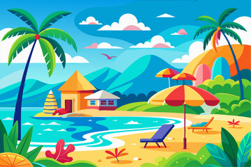 This scenic coastal landscape features a tranquil shoreline surrounded by greenery and distant mountains, perfect for vacation, travel, and summer-themed designs. Ideal for web, print, or social media