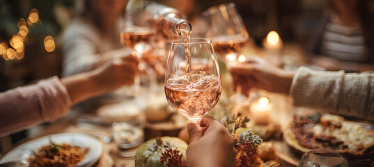 Family or friends celebrating Thanksgiving day with rose wine