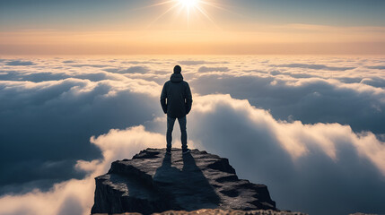 Man stands over the cover clouds on the edge of the abyss and looks on sun.