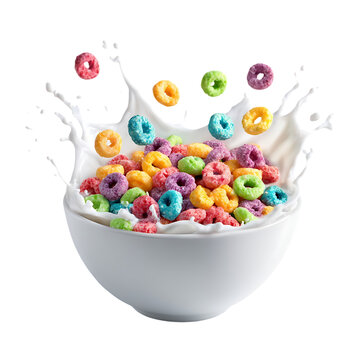 Colorful cereal rings splashing into milk in a bowl a delicious breakfast