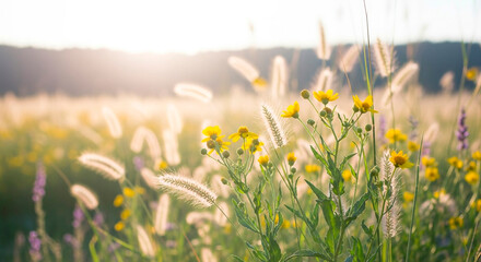 Obraz premium Sunlit Meadow with Wildflowers and Tall Grasses