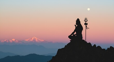 Silhouette of Shiva Meditating on Mountain Peak at Sunset with Trident and Distant Snow Capped Mountains
