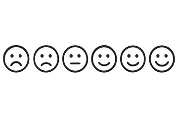 Naklejka premium A series of emoticons on a white canvas representing a range of human emotions, from sadness to happiness, in minimalist black and white
