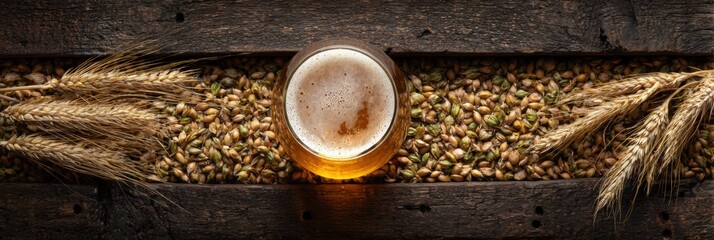 Artistic Flat Lay Composition of Hops, Barley, and a Beer Glass Against a Rustic Wooden Background