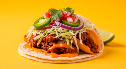Delicious Taco with Fresh Ingredients on a Vibrant Yellow Background
