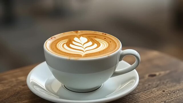 Delicious latte art in a white cup on a rustic wooden table background