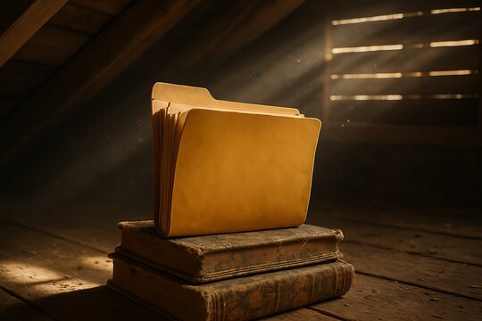 Old dusty books and a stack of file folders bathed in warm sunlight streaming through an attic window, creating a nostalgic and mysterious atmosphere of forgotten secrets - Powered by Adobe